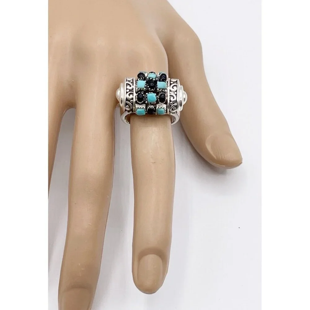 Sterling Silver Ring 925 Turquoise Black Onyx Grid Design Vintage Boho Size 8.5